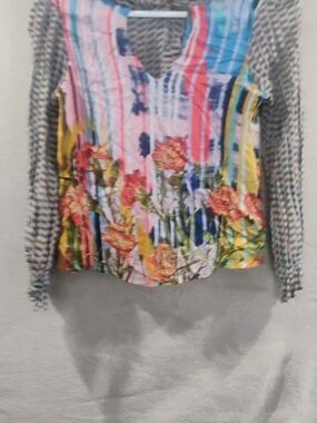 Women’s Multi-Color Floral Stripe Long Sleeve V-Neck Top